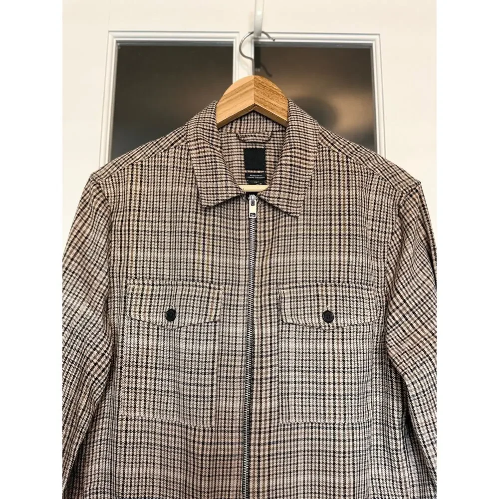H&M Men’s Regular Fit Glen Plaid Zip Shirt Jacket Shacket Beige Black Size Small